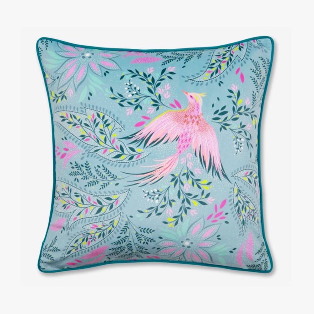 NWT Sara Miller Bird of Paradise Dusky Blue Velvet Pillow Cushion Cover